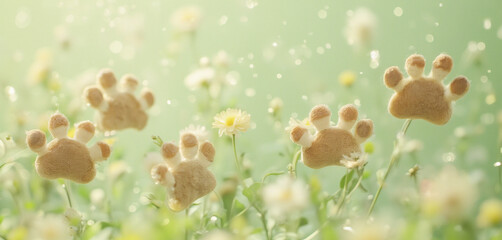 Cute paw prints on soft green background with light floral accents