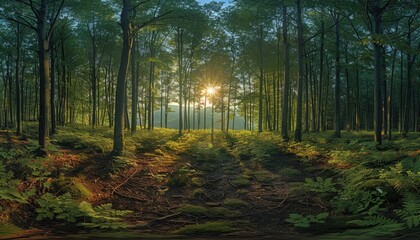 Obraz premium Sunbeams Filtering Through a Dense Forest Canopy