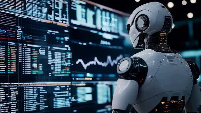Back view of a robot standing in front of screen trading chart, Artificial intelligence robot working on digital display for innovation and futuristic	
