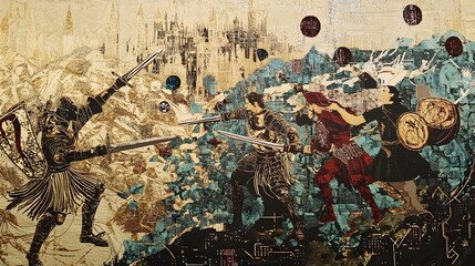Epic Battle Between Privacy Advocates and Data Harvesters in Ornate Medieval Tapestry