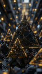Dark geometric triangles with gold accents on black background