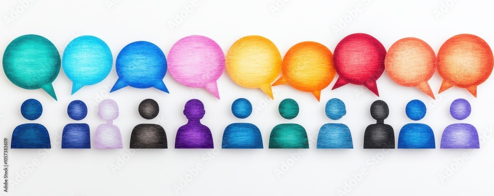 Poster colorful speech bubbles hover above figures, symbolizing communication, discussion, and interaction 