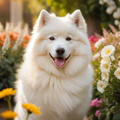 Fototapeta premium A pristine white Samoyed dog sits proudly amidst a vibrant array of flowers in a sun-drenched garden.