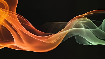 Abstract smoke in orange and green tones swirls gracefully against a black background, creating a mesmerizing display of color and movement. This captivating image includes ample copy space.