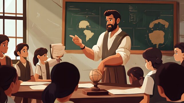 A teacher leading students through a lesson on ancient history, using artifacts and visual aids, comic book style