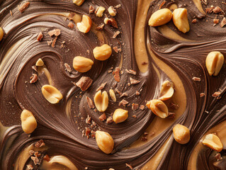 Smooth swirls of chocolate and peanut butter topped with crunchy peanuts and chocolate shavings.