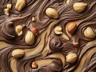 Close-up of creamy chocolate and peanut swirl with whole and crushed nuts, creating a rich,...