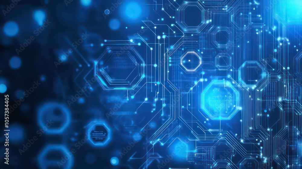Leinwandbilder Abstract digital circuitry design with glowing elements and hexagonal patterns.