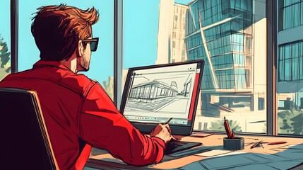 A student attending an online class on architecture, designing a building using CAD software, comic book style