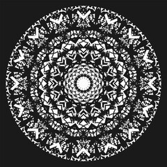 White openwork mandala on a black background. Snowflake in fantasy style. Version 2. Vector illustration