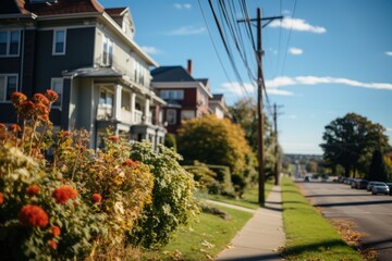 A picturesque street lined with houses and colorful flowers on a sunny day.