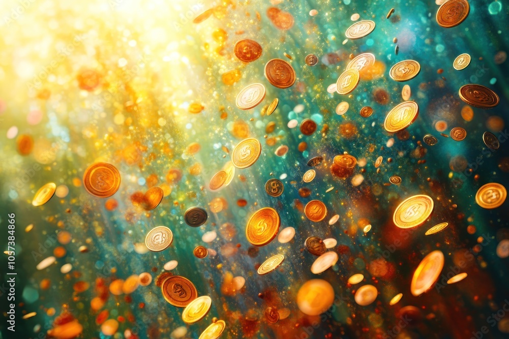 Poster a vibrant display of falling coins, symbolizing wealth and prosperity in a dynamic setting.