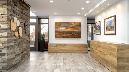 Modern Hotel Lobby Interior Design with Stone Wall, Artwork, and Wooden Reception Desk