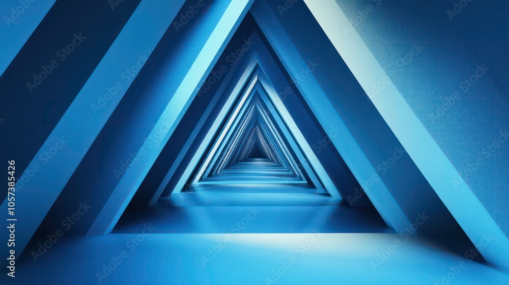 Poster a futuristic tunnel of blue triangles creating a sense of depth and perspective.