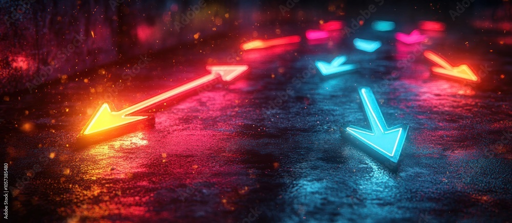 Poster neon arrows on a reflective surface, creating a vibrant and dynamic atmosphere.