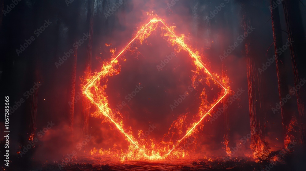 Poster a fiery diamond shape glows amidst a dark forest, creating a mystical atmosphere.