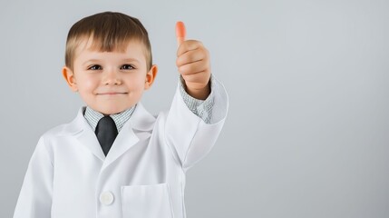 A little boy in a white lab coat holding up a finger
