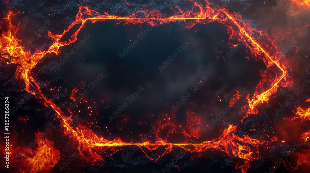 Poster a fiery hexagonal frame against a dark background, suitable for graphic design or video overlays.