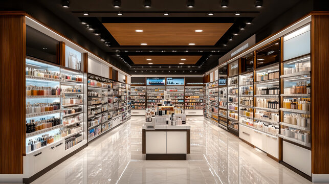 Futuristic duty free store with organic skin care products