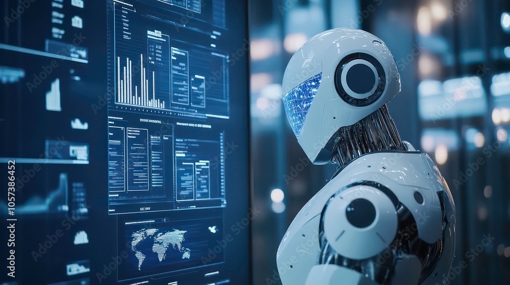 Aufkleber A humanoid robot interacts with a digital display filled with data and graphs.