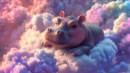 A whimsical digital illustration of a hippo resting on colorful clouds, creating a dreamlike and surreal atmosphere.