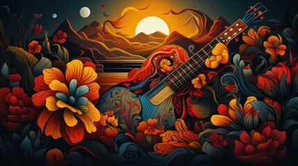 A vibrant illustration featuring a guitar surrounded by colorful flowers and a sunset backdrop.
