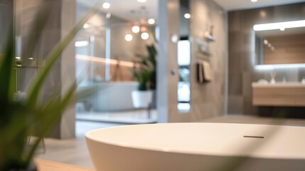 Blurry glimpse of a modern bathroom as guests explore the open house