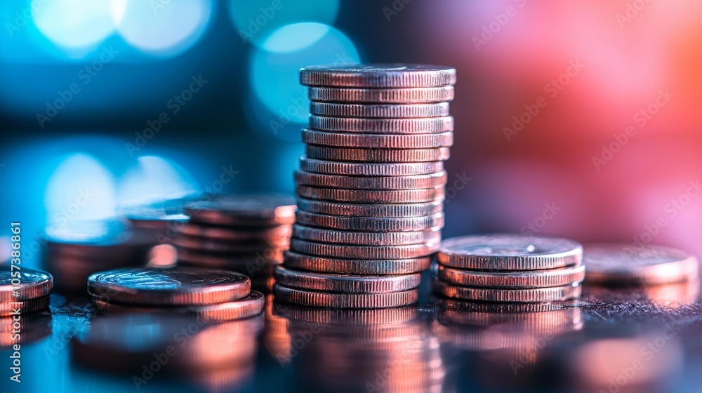 Poster Stack of coins with vibrant bokeh background