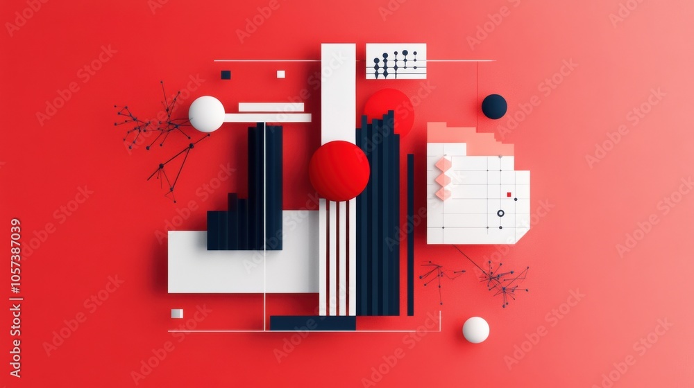 Poster abstract 3d composition with geometric shapes and bars on red background.