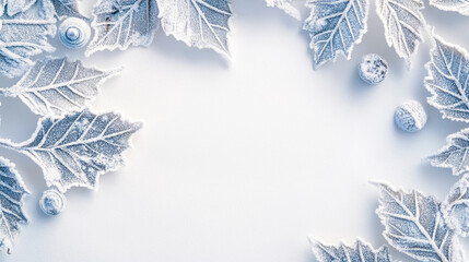 Seasonal Flat Lay of Leaves and Pine Cones on Winter Surface