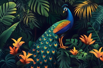 A Majestic Peacock Amidst Lush Tropical Foliage