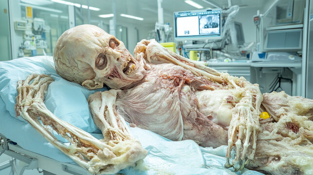 Undead zombie skeleton in hospital bed
