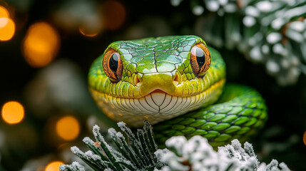 Fototapeta premium Green snake in decorated Christmas tree branches