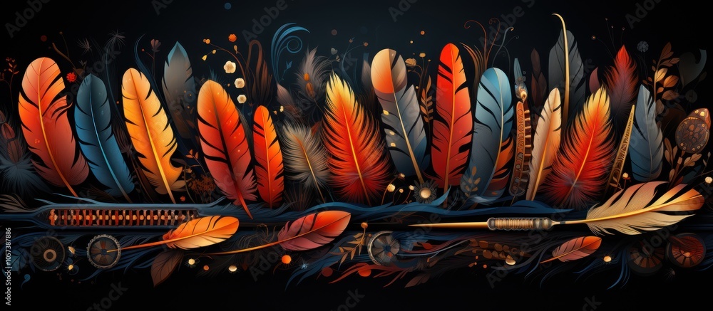 Poster a vibrant array of colorful feathers with intricate designs and textures.
