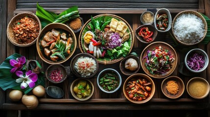Khantoke meal with vibrant Northern Thai dishes,