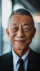 Fototapeta premium Elderly Asian man smiling warmly in professional suit.