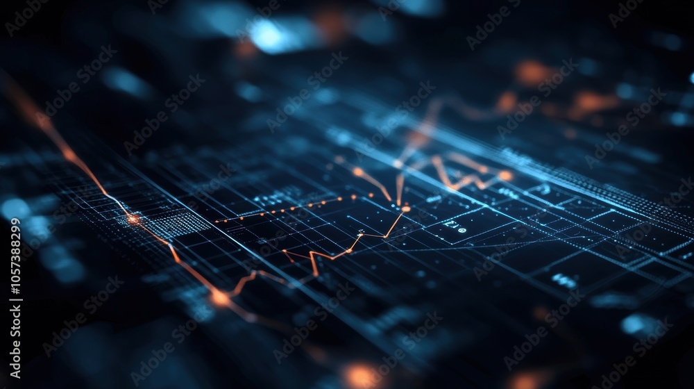 Aufkleber blue and orange data visualization with glowing lines and grid on dark background. financial and tec