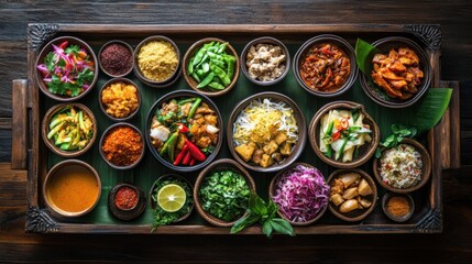 Khantoke tray with an array of colorful Northern Thai dishes,