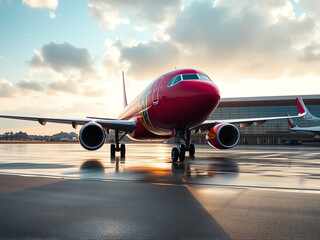 red airplane parked on the tarmac, illuminated by the warm hues of a sunset in the background