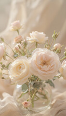 Soft Peach and White Roses in Elegant Bouquet on Cream Background