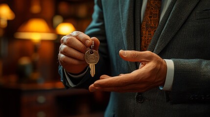 property loan mortgage collateral businessman presenting house keys with insurance documents, Photorealistic