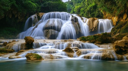 Majestic limestone waterfall, crystal-clear water cascading