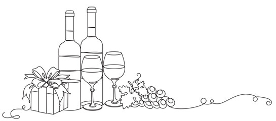 line art drawing of two bottles, two glasses of wine as well as grapes and a gift box for Christmas and New Year greetings