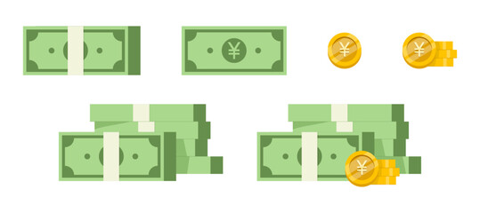 Yen Set Stacks of Cash and Gold Coins in Simple Vector Style. Vector Set of Yen currency Stacks of Cash and Gold Coins.