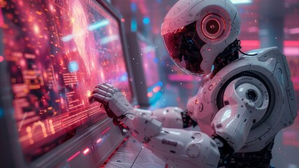 Futuristic Robot Interacting with Digital Interface