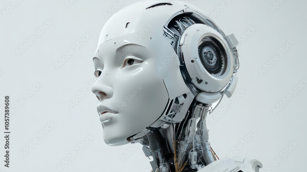 Aufkleber a futuristic robotic head with glowing circuitry, symbolizing advanced technology and ai.