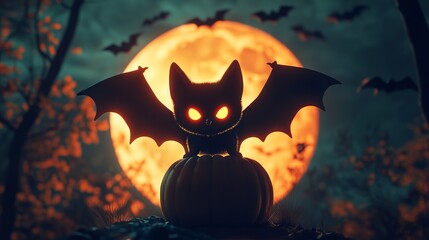 Cute Bat Silhouette with Glowing Eyes in a Spooky Halloween Scene - AI generated illustration.
