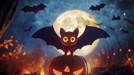 Cute Bat Silhouette with Glowing Eyes in a Spooky Halloween Scene - AI generated illustration.