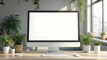 White computer screen in a modern office with plants