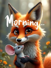 Obraz premium Cute fox and mouse friendship in a whimsical forest morning scene
